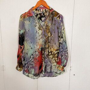 Recap Sheer Abstract Button Down Blouse Abstract, Size Large